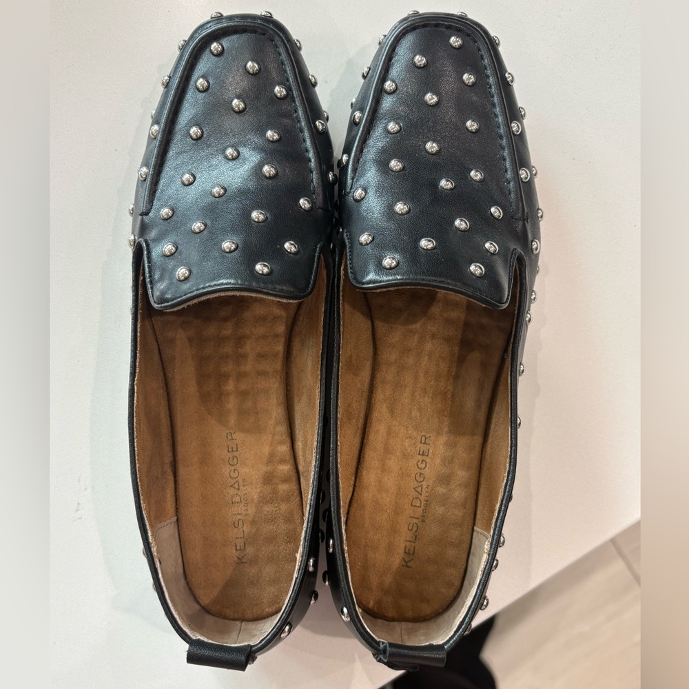 Kelsi Dagger Black Silver Studded leather Loafers